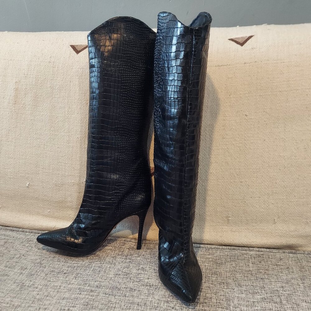 SCHUTZ MARYANA Black Croc-Embossed Heeled Boots